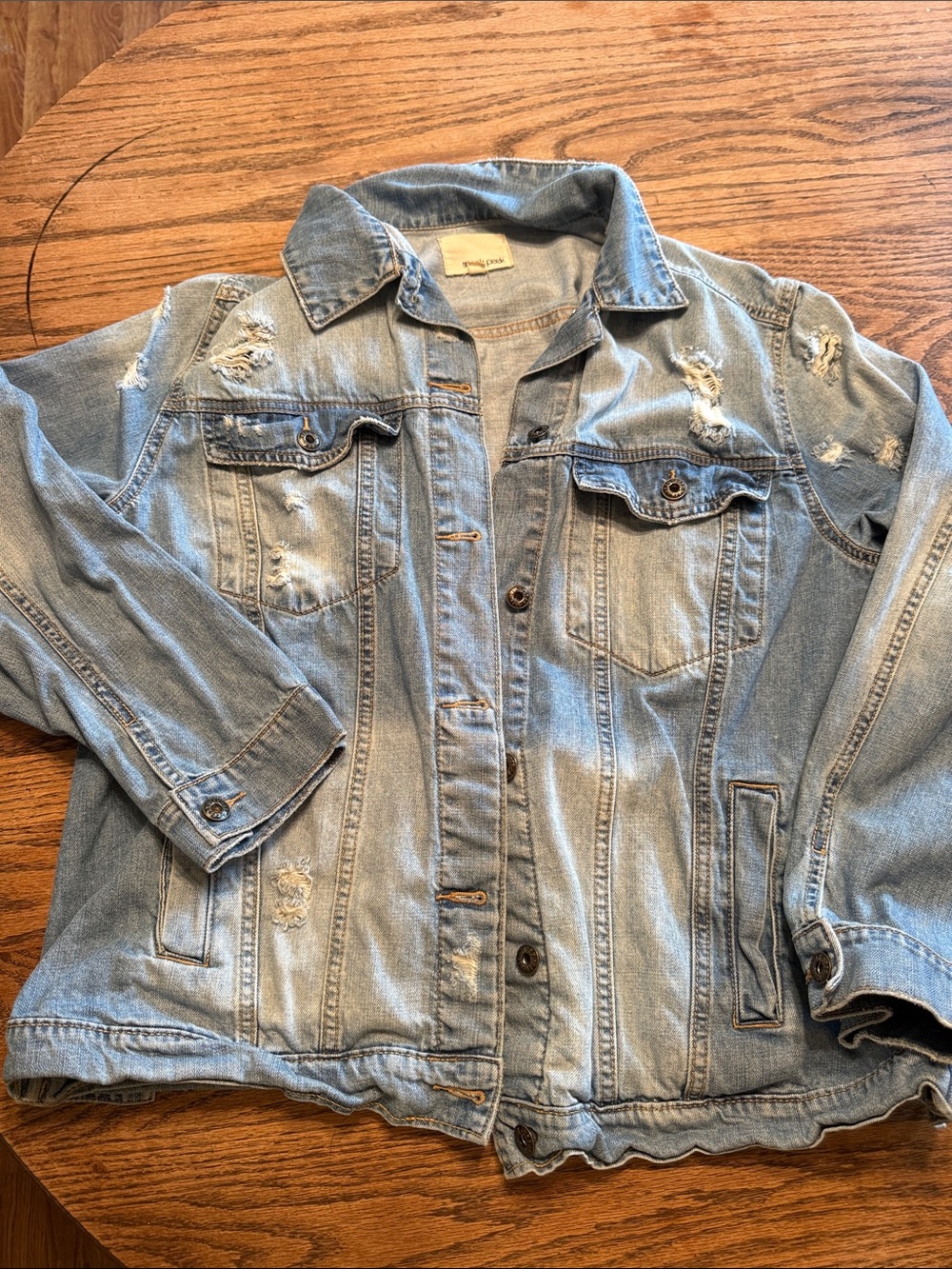 Sneak Peek Light Blue Distressed Denim Jacket - Women